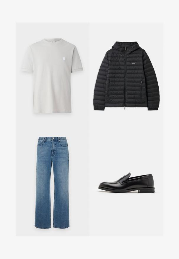 Podložena črna jakna s kapuco, sprednjim zadrgo in dvema stranskima žepoma. Ima logotip na levem prsnem delu in teksturiran, quilted dizajn.; Svetlo siva bombažna majica s kratkimi rokavi, okroglo izrezana in z majhnim belim heksagonalnim logotipom na zgornji levi strani. Gladka tekstura.; Modri široki jeans iz denima z izbledelim zaključkom. Imajo pet žepov, sprednje zapiranje na gumb in ravno krojenje.; Črne usnjene loafer čevlje z gladko teksturo, zaobljenim nosom in dekorativnim trakom čez zgornji del. Nizka zložena peta, minimalističen dizajn.