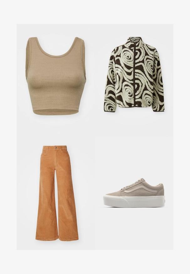 Pruuni ja kreemikas fliisjakker, spirali mustriga, täispikk tõmblukk, kõrge krae ja pikad varrukad.; Beež ümarate kaelustega lühike tank top, mis on valmistatud tekstureeritud kudumist, laiad õlavarreaugud, puhas ja lihtne lõige ning ilma sulguriteta.; Küljest laiad puuvillased püksid soojas pruunis toonis, millel on kõrge talje, nööpsulgur ja kaks esipoolt taskut. Sile pind ja nähtavad õmblused.; Beez suedes madalal sussade nüs ja valge kummine tald, ümar varvas ja lame lukk. Küljel riba detail, mis on veidi heledamas toonis.