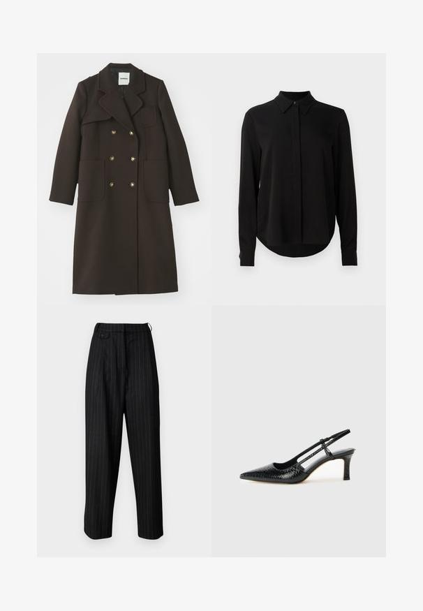 Brązowy podwójnie zapięty płaszcz z wyłogowym kołnierzem, dużymi przednimi kieszeniami, złotymi guzikami i dopasowaną sylwetką z wełnianej tkaniny.; Czarna bluzka z długim rękawem i spiczastym kołnierzykiem, z ukrytą plaketą guzikową oraz zaokrąglonym dołem na jednolitym białym tle.; Czarne, wysokiej talii spodnie z białymi prążkami, z zakładkami, zapięciem na guzik i luźnym krojem. Wykonane z gładkiego materiału.; Czarne lakierowane czółenka na obcasie typu slingback z wąskim noskiem, z teksturowanym wzorem wężowym, regulowanym paskiem oraz krótkim, teksturowanym obcasem w kształcie słupka.