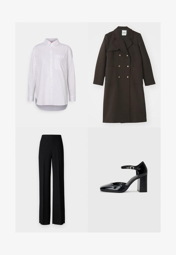 Bruine dubbelzijdige jas met een notch-kraag, grote voorzakken, goudkleurige knopen en een op maat gemaakte silhouet van een wolblend stof.; MAX&Co. BARI - Overhemdblouse - weiss; Zwarte wijde broek met een gladde textuur, voorzien van een hoge tailleband en middelste plooien. Geen zichtbare patronen of hardware-details.; Zwarte lakleren hoge hakken met een vierkante neus, enkelbandje en een chunky hak. Inclusief geperforeerde details langs de rand.