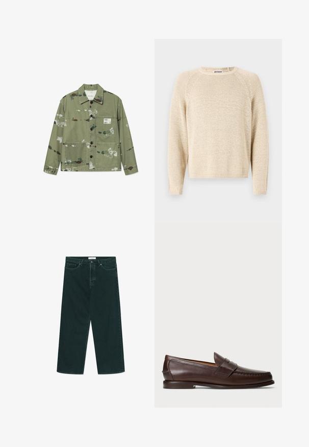 Kanvasjakas muted zaļā krāsā ar daudzkrāsainiem krāsas traipiem. Iespējas ar priekšējo pogu aizdari, divi kabatu pleci un birka uz krūtīm.; Bēša adīta džemperis ar apaļu dekoltē, raglāna piedurknēm un ribotu malu. Tekstūrēta auduma ar brīvu piegriezumu un austu izskatu.; Tumši zaļi platās kājas denimi džinsi ar pogu un rāvējslēdzēja aizdari, priekšējām kabatām un siksnu cilpām, izklāti uz baltas fona.; Tumši brūni ādas penija loaferi ar zemu papēdi, ar izšūtu moc purngalu un siksnu detaļu augšpusē, attēloti uz baltas fona.