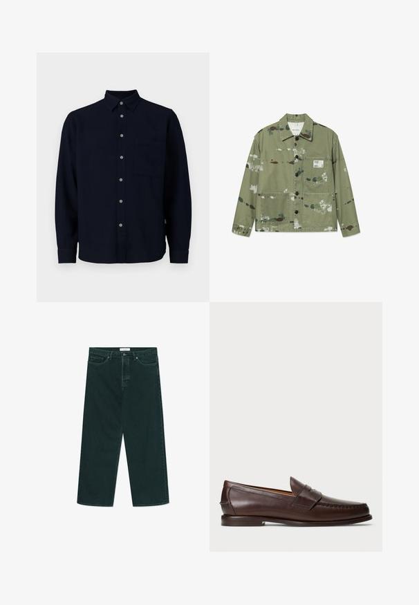 Canvasjacka i dämpad grön med flerfärgade färgsplatter. Har framknäppning, två fickor och en etikett på bröstet.; Navy långärmad skjorta gjord av mjukt tyg. Har en knapp-up framsida, en spetsig krage och en bröstficka. Grå knappar ger kontrast.; Mörkgrå långärmad sweatshirt med rund halsringning, tillverkad av mjuk bomullsblandning. Har ribbade muddar och halsringning med en slät, något strukturerad yta.; Mörkgröna vida denimjeans med knapp- och dragkedjestängning, framfickor och bälteshällor, liggande platt på en vit bakgrund.; Mörkbrun läderpenny loafer med låg klack, sydd moc toe och remdetail på ovansidan, uppställd mot en vit bakgrund.