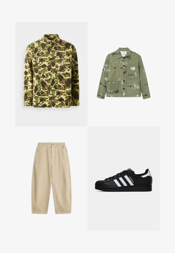 Canvasjakke i dæmpet grøn med flerfarvede malerpletter. Har frontlukning med knapper, to påsatte lommer og et mærke på brystet.; Klassisk button-up skjorte lavet af bomuld med et camouflage-mønster i grønne, brune og gule nuancer, med en brystlomme og et brandet mærke.; Langærmet crewneck sweatshirt i mørkegrå, lavet af blød bomuldsblanding. Har ribbede manchetter og halsudskæring med en glat, let struktureret overflade.; Bredsløjfede beige bomuldsbukser med høj talje, udstyret med forlommer og en frontknaplukning. Glat tekstur med rene sømme.; Sort Adidas Superstar sneaker med hvide striber, skaletå og "Superstar"-tekst på siden, vist i sideprofil på hvid baggrund.
