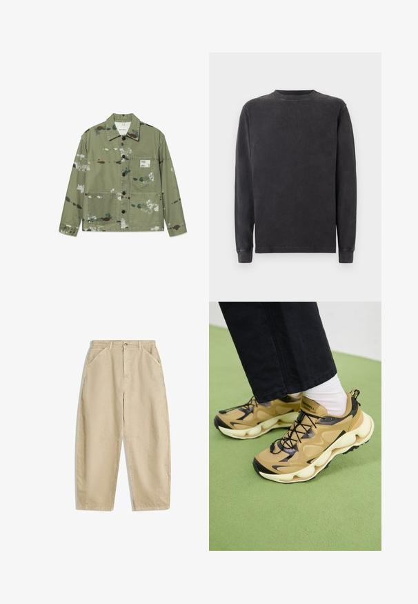 Plátěná bunda ve stluměné zelené barvě s vícebarevnými skvrnami od barev. Má zapínání na knoflíky v přední části, dvě náprsní kapsy a štítek na hrudi.; Tmavě šedá mikina s dlouhým rukávem a kulatým výstřihem, vyrobená z měkké bavlněné směsi. Obsahuje žebrované manžety a výstřih s hladkým, mírně strukturovaným povrchem.; Široké bežové kalhoty z bavlny s vysokým pasem, vybavené předními kapsami a předním zapínáním na knoflík. Hladká textura s čistými švy.; Hnědé a černé tenisky s prodyšným vrškem, robustní bílou podrážkou, černými tkaničkami a poutkem. Logo GORE-TEX viditelné na boku.