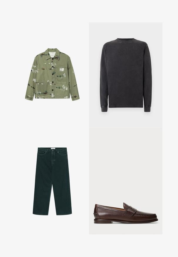 Kurtka płócienna w stonowanym zielonym kolorze z wielokolorowymi plamami farby. Posiada zapięcie na guziki z przodu, dwie kieszenie naszywane oraz metkę na klatce piersiowej.; Długi rękaw crewneck w kolorze ciemnoszarym, wykonany z miękkiej mieszanki bawełny. Posiada ściągacze przy mankietach i dekolcie oraz gładkie, lekko teksturowane wykończenie.; Ciemnozielone dżinsy szerokie w nogawkach z zapięciem na guzik i zamek, kieszeniami z przodu oraz szlufkami na pasek, leżące płasko na białym tle.; Ciemnobrązowy skórzany półbut z niskim obcasem, haftowanym noskiem oraz detalem paska na górze, prezentowany na białym tle.