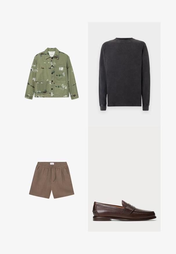 Canvas jacket in muted green with multicolor paint splatters. Features front button closure, two patch pockets, and a label on the chest.; Long-sleeve crewneck sweatshirt in dark gray, made of soft cotton blend. Features ribbed cuffs and neckline with a smooth, slightly textured finish.; Brown linen shorts with an elastic waistband, drawstring closure, and side pockets. Smooth texture and casual design.; Dark brown leather penny loafer with low heel, stitched moc toe, and strap detail across the upper, displayed against a white background.