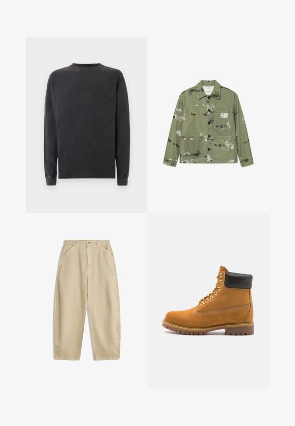 Canvas jacket in muted green with multicolor paint splatters. Features front button closure, two patch pockets, and a label on the chest.; Long-sleeve crewneck sweatshirt in dark gray, made of soft cotton blend. Features ribbed cuffs and neckline with a smooth, slightly textured finish.; Wide-leg beige cotton pants with a high waist, featuring front pockets and a front button closure. Smooth texture with clean seams.; Tan suede ankle boot with black padded collar, gold metal eyelets, white stitching detailing, and rugged rubber sole with pronounced treads.