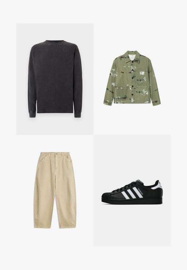 Kangastakki hillityssä vihreässä, jossa on monivärisiä maalaustahroja. Ominaisuuksiin kuuluvat etupainoklipsi, kaksi läpätaskua ja etiketti rinnassa.; Pitkähihaainen crewneck-sweatshirt tummanharmaana, valmistettu pehmeästä puuvillaseoksesta. Varressa on ribbikudotut hihansuut ja kaulus, ja pinnassa on sileä, hiukan rakenteellinen viimeistely.; Beige puuvillased laiad püksid kõrge vöökoha ja esitaskutega, mis on varustatud esise klõpsuga. Laud kõrval ei jäta puhtaid õmblusi.; Musta Adidas Superstar -lenkkari, jossa on valkoiset raidat, kuorisuoja ja "Superstar"-teksti sivussa, esitetty sivuprofiilissa valkoista taustaa vasten.