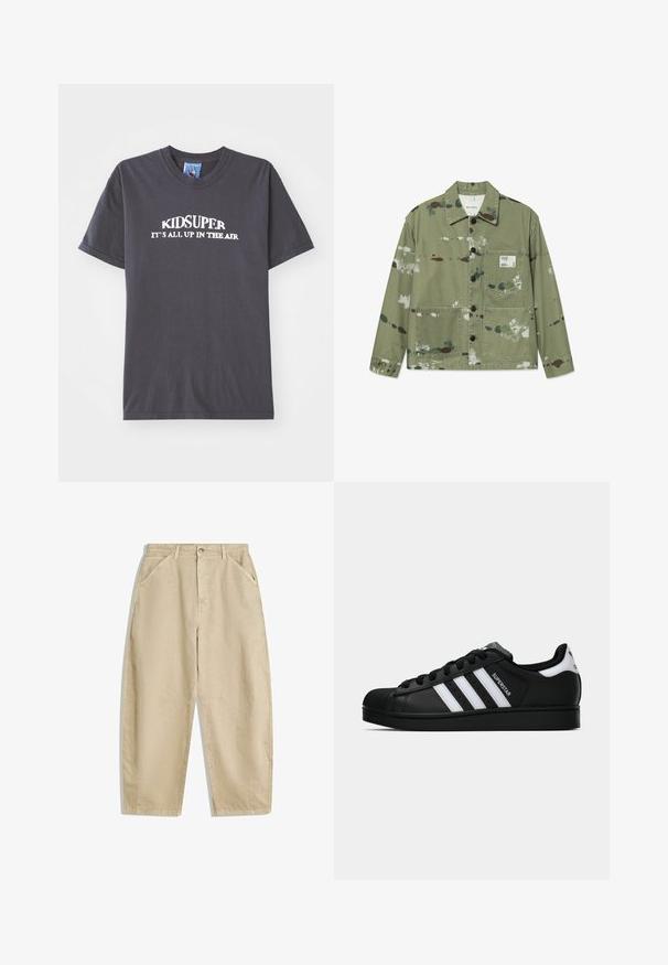 Platnena jakna v umirjeni zeleni barvi z večbarvnimi madeži barve. Ima sprednje zapiranje na gumb, dva žepa in nalepko na prsih.; Črna bombažna majica s kratkimi rokavi, ki nosi napis "KIDSUPER VSE JE V ZRAKU" v beli barvi, s krojnim ovratnikom.; Beige širokolatne bombažne hlače z visokim pasom, ki vključujejo sprednje žepke in sprednje zapiranje na gumb. Gladka tekstura z urejenimi šivi.; Črne superge Adidas Superstar z belimi črtami, zaščitnim pokrovom na prstih in napisom "Superstar" na strani, prikazane v bočnem profilu na beli podlagi.