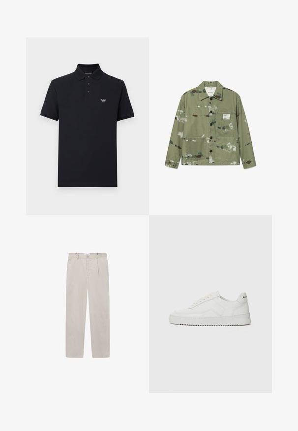 Plátenná bunda v tlmenej zelenej farbe s viacfarebnými škvrnami od farby. Má predné zapínanie na gombíky, dve náprsné vrecká a označenie na hrudi.; Námornícka polokošeľa s klasickým golierom, zapínaním na tri gombíky a vyšívaným logom na hrudi. Vyrobená z bavlny, s krátkymi rukávmi.; Svetlo béžové nohavice vyrobené z mäkkej tkaniny, s rovnými nohavicami, dvoma bočnými vreckami a predným zapínaním na gombík. Ľahká a hladká textúra.; Biele kožené tenisky s hladkým povrchom, okrúly špičkový dizajn, ploché šnúrky a textúrovaná podrážka. Obsahujú jemné logo na päte.