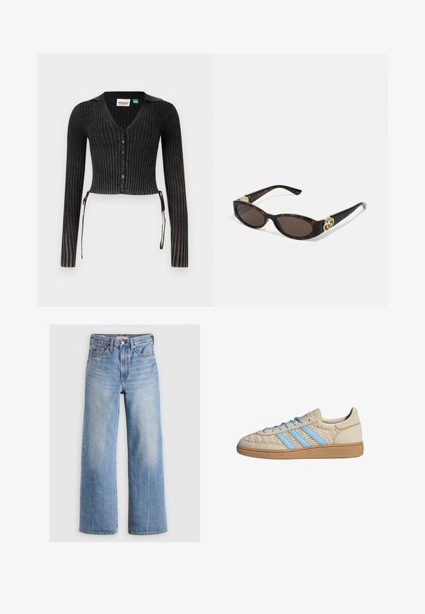 Világoskék, cropped farmerdzseki. Klasszikus gallérral, gombos elülső résszel, két mellzsebbel és rongyos szegéllyel rendelkezik. Puha pamutból készült.; Fekete bordás, rövid fazonú kardigán hosszú ujjal, V-kivágással, gombos záródással és oldalsó megkötőkkel. Jellemzője egy texturált kötött mintázat.; Fehér ujjatlan felső állítható pántokkal, testhez simuló kivitel, sima szövettextúra és kerek nyakkivágás. Nincsenek minták vagy fémrészek.; Világoskék farmer, széles szárú nadrág magas derékkal, kopott területekkel, öt zsebbel és kontrasztos varrással. Klasszikus gombos és cipzáras záródás.; Beige színű sneaker, texturált kötött felsőrésszel, világoskék csíkokkal és barna gumitalppal. Kerek fűzőkkel és logó részlettel a szuperén.; Tortából készült napszemüveg, hosszúkás ovális lencsékkel, barna színű árnyalattal, arany logóval a fülkagylón, és karcsú fekete szárakkal.