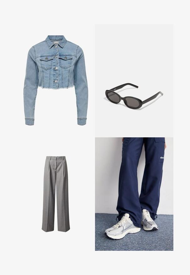 Unverkürzt geschnittene Jeansjacke in Hellblau. Sie verfügt über einen klassischen Kragen, eine durchgeknöpfte Vorderseite, zwei Brusttaschen und einen ausgefransten Saum. Hergestellt aus weicher Baumwolle.; Weißer gestrickter Pullover mit V-Ausschnitt und langen Ärmeln. Verfügt über ein strukturiertes Rautenmuster und ein kleines Logo auf der linken Brust.; Graue weit geschnittene Hose aus einem strukturierten Gewebe, mit Falten, einem mittelhohen Bund und klaren, maßgeschneiderten Linien.; Nike Sportschuhe mit einem silbernen Mesh-Obermaterial, weißen Akzenten und strukturierten Sohlen, kombiniert mit locker sitzenden marineblauen Hosen.; Schwarze ovale Sonnenbrillen mit dunklen Gläsern. Hergestellt aus glänzendem Kunststoff. Schlanke Bügel mit abgerundeten Enden. Markenname "ZIGN" auf einem Bügel gedruckt.