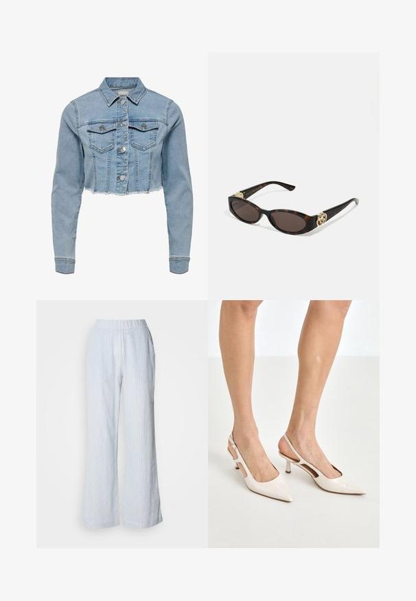 Kort denim jack in lichtblauw. Beschikt over een klassieke kraag, knopenlijst aan de voorkant, twee borstzakken en een rafelige zoom. Gemaakt van zachte katoen.; Blauw gestreepte overhemden met kraag, lange mouwen en een afgeronde zoom. De stof lijkt glad en lichtgewicht. Knopsluiting aan de voorkant.; Lichtblauwe wijde broek met verticale witte en rode strepen. Heeft een elastische tailleband en zijzakken. Soepele katoenachtige textuur.; Beige gepatineerde leren slingback hakken met een spitze neus en een hak van 5 cm, met uitsparingen aan de zijkanten en een dunne enkelband.; Schildpadbril met langwerpige ovale lenzen, bruine tint, gouden logo-accenten op de pootjes en slanke zwarte armen.; Beige handtas met een patroon en een gebogen vorm, leren accenten en een goudkleurig logo aan de voorkant. Beschikt over een kort handvat voor gemakkelijk dragen.