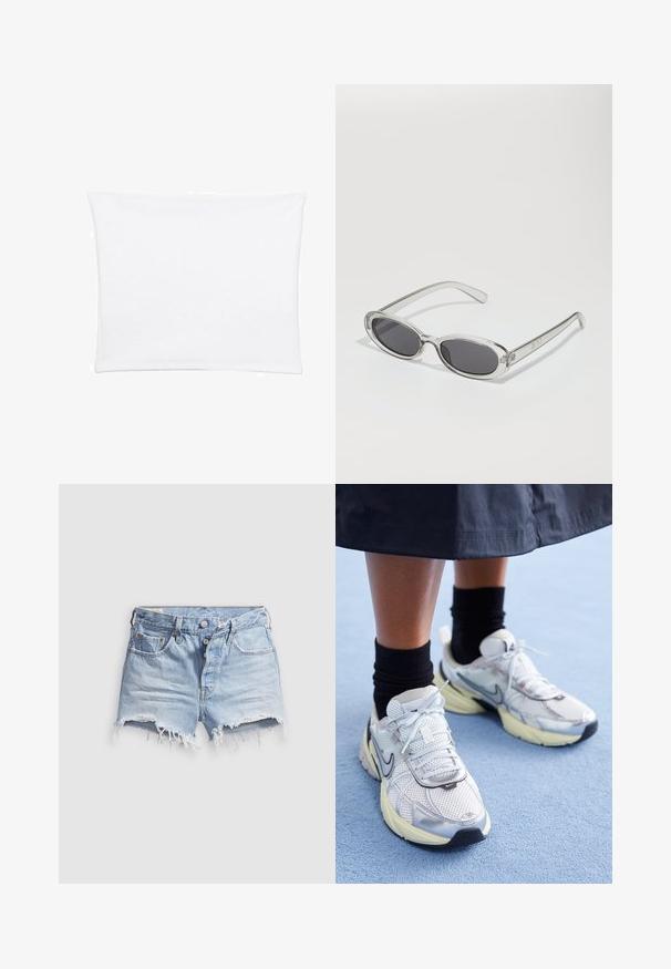 Unverkürzt geschnittene Jeansjacke in Hellblau. Sie verfügt über einen klassischen Kragen, eine durchgeknöpfte Vorderseite, zwei Brusttaschen und einen ausgefransten Saum. Hergestellt aus weicher Baumwolle.; Weißer Kissenbezug mit glatter, weicher Textur, rechteckiger Form und sauberen Kanten, entworfen für Standardgröße von Kissen.; Hellblaue Jeans-Cut-off-Shorts mit ausgefransten Säumen, fünf Taschen und einem Knopfverschluss. Die Textur ist weich mit einem leicht abgenutzten Aussehen.; Weiße und silberne Nike-Sneaker aus Mesh-Gewebe, mit reflektierenden Akzenten und einer beigen Sohle. Getragen mit schwarzen Socken und stehend auf einer blauen Fläche.; Sonnenbrille mit ovaler Form, klarem Kunststoffrahmen, dunkelgrauen Gläsern und dünnen transparenten Bügeln mit Logo-Akzenten und minimalen Details.; Schwarze Lackleder-Handtasche mit geschwungenem Design, einem Schulterriemen, Vordertaschen und silberfarbenen Hardware-Akzenten.