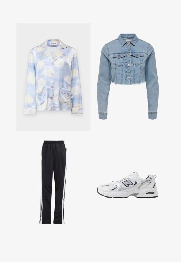 Skrajšana kavbojkasta jakna v svetlo modri barvi. Ima klasičen ovratnik, gumbasto zapiranje, dva žepa na prsih in raztrgan rob. Narejena je iz mehke bombažne tkanine.; Svilena pižama srajca v svetlo modri barvi z vzorcem oblakov, z izrezanim ovratnikom, petimi gumbi in dvema sprednjima žepoma s svetlo roza obrobo.; Črne trenirke z belimi stranskimi črtami, elastičnim pasom in logotipnim vzorcem. Narejene iz gladkega, lahkega materiala. Ravninski kroj.; Bele športne copate z mrežasto zgornjimi deli, mornarskimi naglasnimi barvami in oblazinjeno podplatom. Vključujejo logotip "N", vezalke in teksturirane detajle na strani.