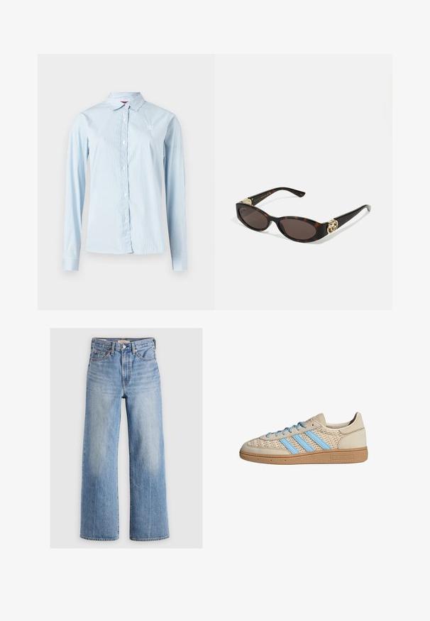 Cropped denim jacket in light blue. Features a classic collar, buttoned front, two chest pockets, and frayed hem. Made of soft cotton.; Light blue long-sleeve shirt with vertical white stripes, button-up front, pointed collar, and small logo detail on the chest.; White sleeveless top with adjustable straps, fitted design, smooth fabric texture, and a round neckline. No patterns or hardware details.; Light blue denim wide-leg jeans with a high waist, faded areas, five pockets, and contrast stitching. Classic button and zipper closure.; Beige sneaker with a textured knit upper, light blue stripes, and brown rubber sole. Features round laces and logo detail on the side.; Tortoiseshell sunglasses with elongated oval lenses, brown tint, gold logo accents on temples, and sleek black arms.