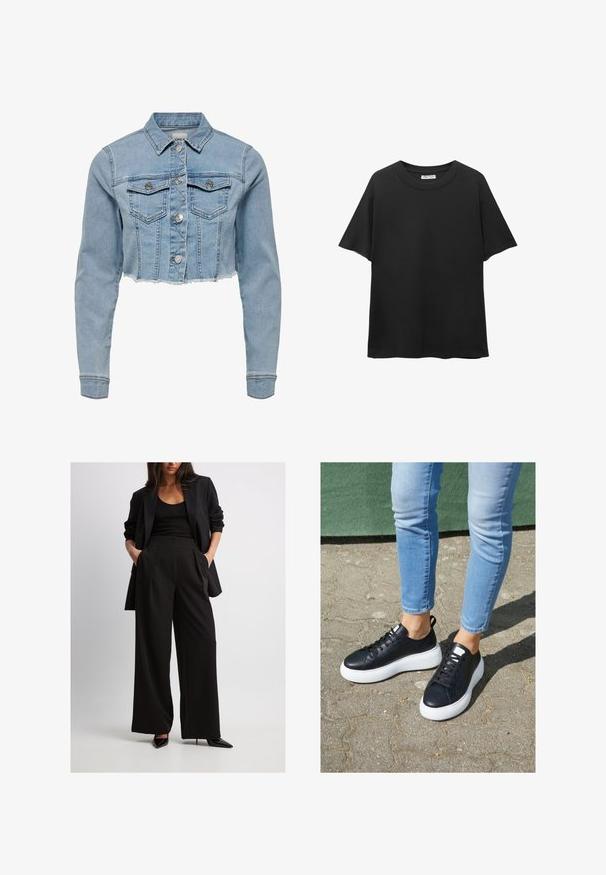 Veste en denim coupée de couleur bleu clair. Présente un col classique, une fermeture à bouton, deux poches poitrine et un ourlet effiloché. Fabriquée en coton doux.; T-shirt noir en coton, avec un col rond, des manches courtes et une coupe décontractée au toucher lisse.; Blazer noir et pantalon large en tissu lisse. Le pantalon a des plis avant et des poches latérales. Des escarpins noirs à bout pointu complètent l'ensemble.; Baskets en cuir noir avec semelles en caoutchouc blanc, présentant une finition lisse, un bout arrondi et des lacets plats. Portées avec un jean bleu clair.
