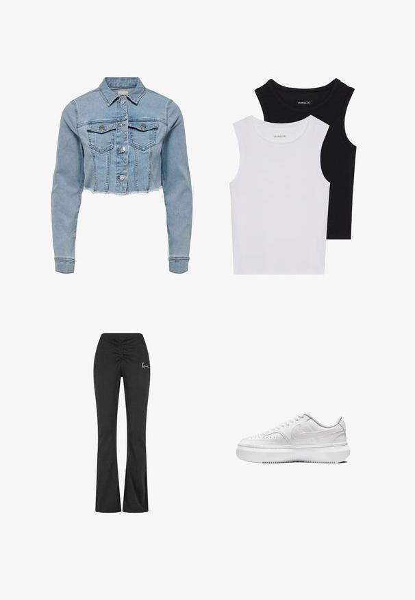 Chaqueta de mezclilla recortada en azul claro. Presenta un cuello clásico, frente abotonado, dos bolsillos en el pecho y dobladillo deshilachado. Fabricada en suave algodón.; Dos camisetas sin mangas en negro y blanco, hechas de algodón acanalado, con escote redondo y un diseño ajustado. Etiquetas visibles en ambas.; Pantalones negros de campana con cintura fruncida, hechos de una tela suave y elástica. Presenta un pequeño logotipo blanco en el lado izquierdo.; Zapatillas blancas con parte superior de cuero liso, puntera redonda, detalles perforados y suela de goma blanca gruesa. Presenta el logotipo en el lateral y cordones planos.