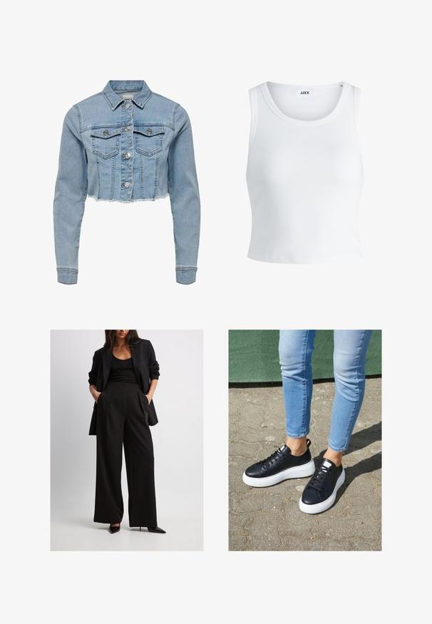 Šviesiai mėlynas, trumpintas džinsinis švarkas. Turi klasikinius apykaklės, sagčių užsegimą, dvi krūtines kišenes ir suplėšytą apačią. Pagamintas iš minkštos medvilnės.; Balta raukšlėta tank top marškinėliai su apvaliu iškirpimu, be rankovių dizainu ir trumpa ilgio. Etiketėje parašyta "JJXX." Lygus audinio paviršius.; Juodas pritaikytas švarkas derinamas su plačiomis juodomis kelnėmis, turinčiomis raukšles ir šonines kišenes. Modelis dėvi juodus smailėjančius aukštakulnius.; Juodos odinės sportbačiai su baltais guminiais padais, turintys lygų paviršių, apvalią noselę ir plokščias raišteles. Dėvimi su šviesiai mėlynomis džinsomis.