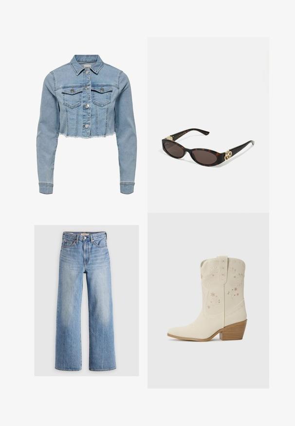 Lyhyt vaaleansininen farkkutakki. Siinä on klassinen kaulus, napillinen etuosa, kaksi rintataskua ja revennyt helma. Valmistettu pehmeästä puuvillasta.; Valkoinen hihaton toppi, jossa on säädettävät olkaimet, istuva muotoilu, sileä kankaan rakenne ja pyöreä kaula-aukko. Ei kuvioita tai metalliosia.; Vaaleansinisiä leveälahkeisia farkkuja, joissa on korkea vyötärö, haalistuneita kohtia, viisi taskua ja kontrastiväriset tikkaukset. Klassinen nappi- ja vetoketjusulku.; Valkoinen nahkainen cowboy-saapas, jossa on kukkakirjonta, teräväkärkinen ja pinottu puukorko. Sisältää koristetikkaukset varressa.; Silmärilakkiset tortoiseshell-aurinkolasit, joissa on pitkänomaiset ovaalit linssit, ruskea sävy, kultaiset logo-koristeet temppeleissä ja sulavalinjaiset mustat varret.