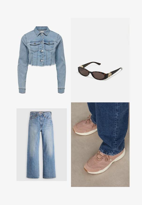 Cropped denim jacket in light blue. Features a classic collar, buttoned front, two chest pockets, and frayed hem. Made of soft cotton.; White sleeveless top with adjustable straps, fitted design, smooth fabric texture, and a round neckline. No patterns or hardware details.; Light blue denim wide-leg jeans with a high waist, faded areas, five pockets, and contrast stitching. Classic button and zipper closure.; Light pink athletic shoes with a textured suede upper, featuring a white outsole and subtle branding, paired with dark blue denim jeans.; Tortoiseshell sunglasses with elongated oval lenses, brown tint, gold logo accents on temples, and sleek black arms.