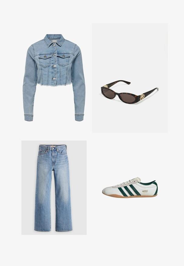 Κοντό τζάκετ από τζιν σε ανοιχτό μπλε χρώμα. Διαθέτει κλασικό γιακά, κουμπωτή μπροστινή πλευρά, δύο τσέπες στο στήθος και σκισμένο στρίφωμα. Κατασκευασμένο από μαλακό βαμβάκι.; Λευκή αμανίκη μπλούζα με ρυθμιζόμενους ιμάντες, εφαρμοστή σχεδίαση, λεία υφή υφάσματος και στρογγυλή λαιμόκοψη. Χωρίς σχέδια ή μεταλλικά στοιχεία.; Ανοιχτό μπλε τζιν παντελόνι με φαρδιά πόδια και ψηλή μέση, με φθαρμένες περιοχές, πέντε τσέπες και αντίθετες ραφές. Κλασικό κλείσιμο με κουμπί και φερμουάρ.; Λευκά αθλητικά παπούτσια με πράσινες ρίγες, με άνω μέρος από σουέτ και συνθετικά υλικά, σόλα από καουτσούκ, στρογγυλή μύτη και λεπτομέρεια λογότυπου "adidas TOKYO".; Γυαλιά ηλίου από καβουρδιστό με επιμήκεις οβάλ φακούς, καφέ απόχρωση, χρυσές λεπτομέρειες στο βραχίονα, και κομψούς μαύρους βραχίονες.