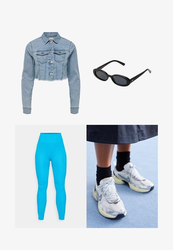 Skrajšana kavbojkasta jakna v svetlo modri barvi. Ima klasičen ovratnik, gumbasto zapiranje, dva žepa na prsih in raztrgan rob. Narejena je iz mehke bombažne tkanine.; Bela majica bez rukavov z nastavljivimi naramnicami, prilegajoča zasnova, gladka tekstura tkanine in okrogli izrez. Brez vzorcev ali dodatkov.; Ribane modre legice z visokim pasom, prilegajočim dizajnom in gladko teksturo, primerne za športno ali sproščeno nošenje.; Bele in srebrne Nike teniske z mrežasto tkanino, refleksnimi poudarki in bež podplatom. Nosi se z črnimi nogavicami, stoji na modri površini.; Črne oversize sončne očala z ovalnimi lečami, gladkim plastičnim okvirjem in zlatenimi detajli na templjih. Temne leče zagotavljajo zaščito pred soncem.