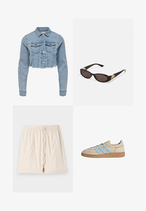 Lühendatud denimpukk kerge sinise värviga. Omab klassikalist kraed, nööbitavat eesmist osa, kahte rinna taskut ja kulunud serva. Valmistatud pehmest puuvillast.; Valge ilma varrukateta top, reguleeritavate rihmadega, taljesse istuv disain, sile kangatekstuur ja ümmargune kaelus. Ilma mustrite ja seadmeteta.; Beežid puuvillased lühikesed püksid elastse vöökoha, paelaga ja kahe küljerinnaga; omavad mugavat istuvust ja keritud äärt.; Beežid tossud, millel on tekstuurne kudumine, helesinised triibud ja pruun kummitald. Omab ümmargusi paelu ja logo detaili küljel.; Kilpkonnakilbi stiilis prillid piklik-ovaalsete läätsede, pruunika tooniga, kuldsete logo aktsentidega templitel ja elegantsed mustad varred.