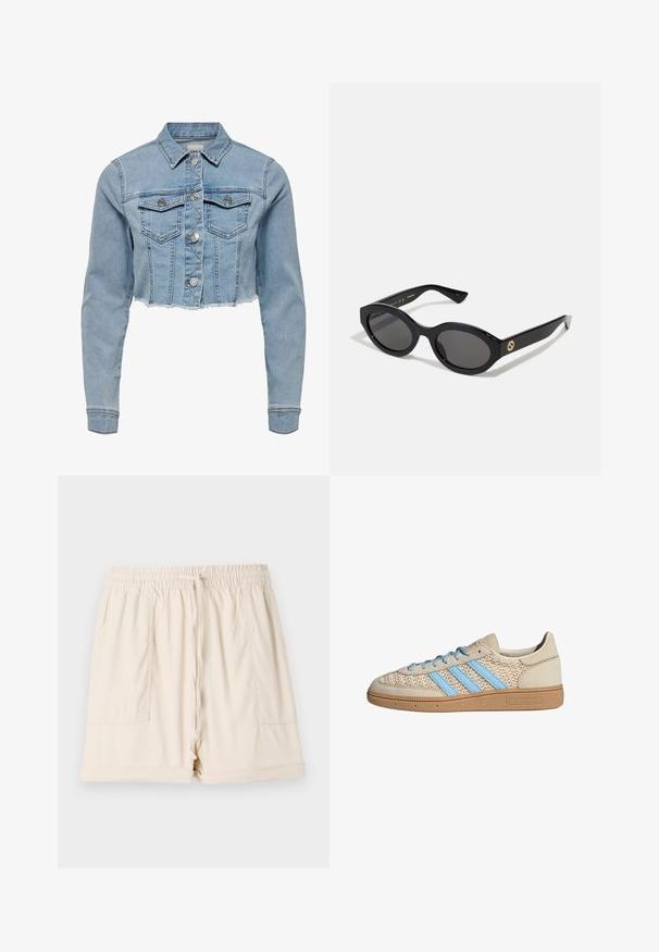 Veste en denim coupée de couleur bleu clair. Présente un col classique, une fermeture à bouton, deux poches poitrine et un ourlet effiloché. Fabriquée en coton doux.; Top sans manches blanc avec bretelles réglables, design ajusté, texture de tissu lisse et encolure ronde. Aucun motif ni détail matériel.; Shorts en coton beige avec une taille élastique, un cordon de serrage et deux poches latérales ; présentent une coupe décontractée et un ourlet roulé.; Baskets beiges avec un dessus en tricot texturé, rayures bleu clair et semelle en caoutchouc marron. Présentent des lacets ronds et un détail de logo sur le côté.; Lunettes de soleil ovales noires avec des verres sombres et une monture en plastique brillant. Présente un logo doré sur la branche, offrant un design épuré et moderne.