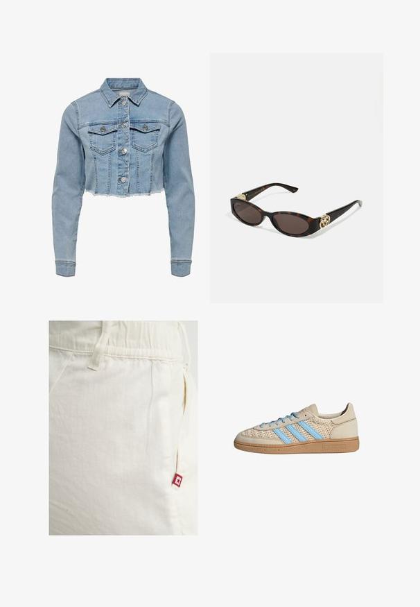 Veste en denim coupée de couleur bleu clair. Présente un col classique, une fermeture à bouton, deux poches poitrine et un ourlet effiloché. Fabriquée en coton doux.; Top sans manches blanc avec bretelles réglables, design ajusté, texture de tissu lisse et encolure ronde. Aucun motif ni détail matériel.; Un pantalon de survêtement couleur crème avec une taille élastique et une poche latérale, arborant une petite étiquette de logo rouge avec une étoile sur la poche droite.; Baskets beiges avec un dessus en tricot texturé, rayures bleu clair et semelle en caoutchouc marron. Présentent des lacets ronds et un détail de logo sur le côté.; Lunettes de soleil en écaille, avec des verres ovales allongés, teinte marron, accents de logo doré sur les branches et montures noires élégantes.