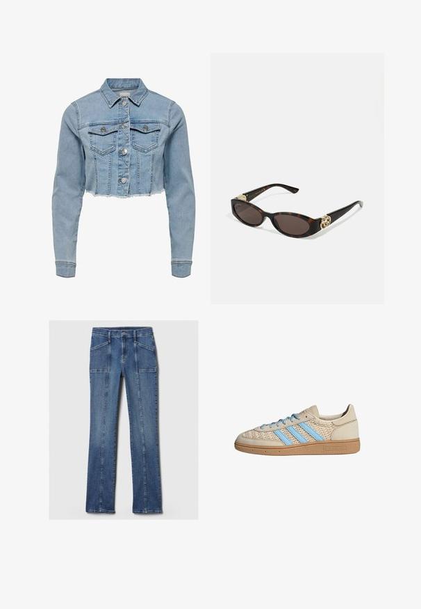 Lyhyt vaaleansininen farkkutakki. Siinä on klassinen kaulus, napillinen etuosa, kaksi rintataskua ja revennyt helma. Valmistettu pehmeästä puuvillasta.; Valkoinen hihaton toppi, jossa on säädettävät olkaimet, istuva muotoilu, sileä kankaan rakenne ja pyöreä kaula-aukko. Ei kuvioita tai metalliosia.; Vaaleansiniset farkut suoranleikkauksen, joissa on etutaskut, hienovaraiset tikkausdedetaalit ja klassinen vyötärö. Kuluneet yksityiskohdat kankaassa.; Beige lenkkarit, joissa on teksturoitu neulepinta, vaaleansiniset raidat ja ruskea kumipohja. Varustettu pyöreillä nauhoilla ja logotiedolla sivussa.; Silmärilakkiset tortoiseshell-aurinkolasit, joissa on pitkänomaiset ovaalit linssit, ruskea sävy, kultaiset logo-koristeet temppeleissä ja sulavalinjaiset mustat varret.