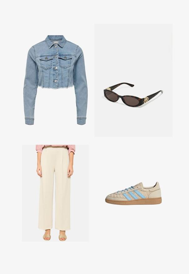 Cropped denim jacket in light blue. Features a classic collar, buttoned front, two chest pockets, and frayed hem. Made of soft cotton.; White sleeveless top with adjustable straps, fitted design, smooth fabric texture, and a round neckline. No patterns or hardware details.; LolaLiza LOOSE-FITTING - Trousers - lt beige; Beige sneaker with a textured knit upper, light blue stripes, and brown rubber sole. Features round laces and logo detail on the side.; Tortoiseshell sunglasses with elongated oval lenses, brown tint, gold logo accents on temples, and sleek black arms.