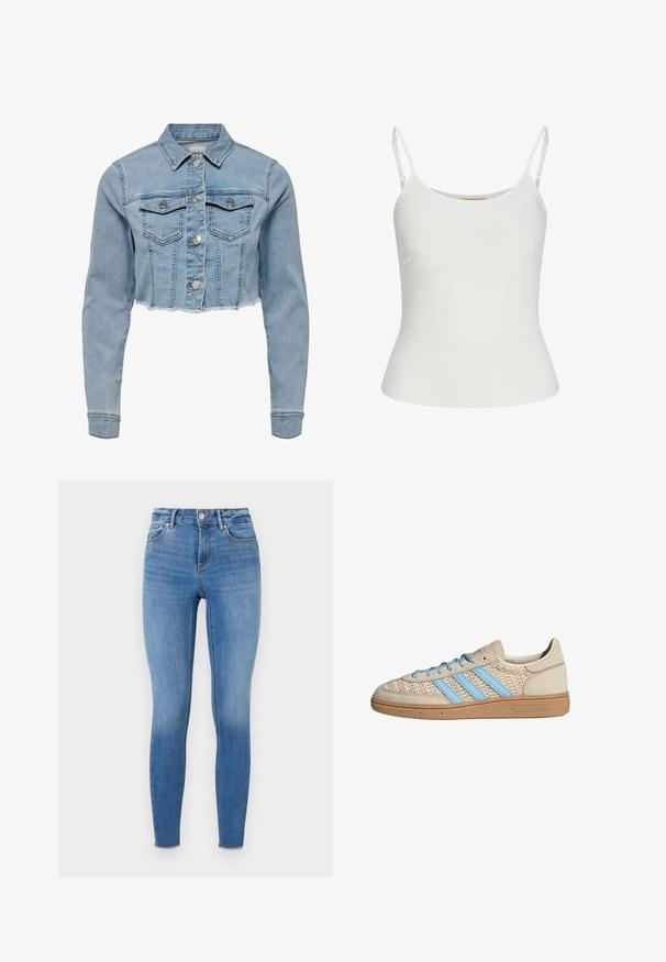 Skraćena traper jakna svijetloplave boje. Ima klasičan ovratnik, kopčanje na dugmiće, dva džepa na prsima i izlizani rub. Izrađena od mekog pamuka.; Bijela majica bez rukava s podesivim naramenicama, prilagođenog kroja, s glatkom teksturom tkanine i okruglim izrezom. Nema uzoraka ili metalnih detalja.; Uskeći traperice od svijetloplavog denima, s dekorativnim studovima na prednjem dijelu džepa i pohabanom rubu na gležnju.; Bež tenisice s teksturiranim pletenim gornjim dijelom, svijetloplavim trakama i smešim gumenim potplatom. Imaju okrugle vezice i detalj s logotipom sa strane.