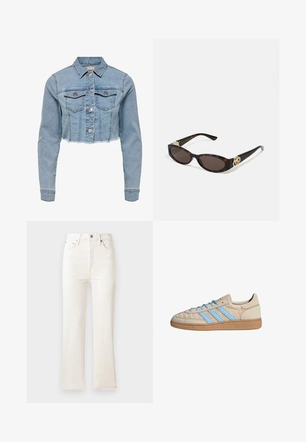 Lühendatud denimpukk kerge sinise värviga. Omab klassikalist kraed, nööbitavat eesmist osa, kahte rinna taskut ja kulunud serva. Valmistatud pehmest puuvillast.; Valge ilma varrukateta top, reguleeritavate rihmadega, taljesse istuv disain, sile kangatekstuur ja ümmargune kaelus. Ilma mustrite ja seadmeteta.; Kõrge vöökohaga valged denim flared teksad, millel on tõmblukk, viis taskut ja peened õmblusdetailid. Kanga pind on sile.; Beežid tossud, millel on tekstuurne kudumine, helesinised triibud ja pruun kummitald. Omab ümmargusi paelu ja logo detaili küljel.; Kilpkonnakilbi stiilis prillid piklik-ovaalsete läätsede, pruunika tooniga, kuldsete logo aktsentidega templitel ja elegantsed mustad varred.