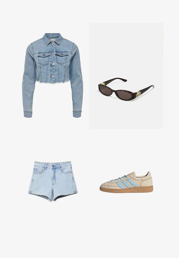 Zkrácená denimová bunda ve světle modré barvě. Obsahuje klasický límec, zapínání na knoflíky, dvě náprsní kapsy a třepený lem. Vyrobena z měkké bavlny.; Bílý tílko bez rukávů s nastavitelnými ramínky, přiléhavý design, hladká textilie a kulatý výstřih. Žádné vzory ani kovové detaily.; Světlé modré denimové kraťasy s vysokým pasem, čtyřmi kapsami a hardwarem v měděné barvě. Tkanina má hladkou texturu a čisté okraje.; Krémová sneaker s texturovaným pleteným svrškem, světle modrými pruhy a hnědou gumovou podrážkou. Disponuje kulatými tkaničkami a detailem loga na boku.; Brýle sluneční s kočičím vzorem, prodloužené oválné čočky, hnědý odstín, zlaté logo na spáncích a elegantní černé nožičky.