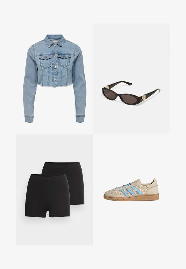 Világoskék, cropped farmerdzseki. Klasszikus gallérral, gombos elülső résszel, két mellzsebbel és rongyos szegéllyel rendelkezik. Puha pamutból készült.; Fehér ujjatlan felső állítható pántokkal, testhez simuló kivitel, sima szövettextúra és kerek nyakkivágás. Nincsenek minták vagy fémrészek.; Fekete pamut rövidnadrág sima textúrával, széles gumírozott derékrésszel és testhezálló szabással. Két pár látható.; Beige színű sneaker, texturált kötött felsőrésszel, világoskék csíkokkal és barna gumitalppal. Kerek fűzőkkel és logó részlettel a szuperén.; Tortából készült napszemüveg, hosszúkás ovális lencsékkel, barna színű árnyalattal, arany logóval a fülkagylón, és karcsú fekete szárakkal.
