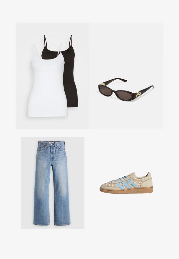 Iedvesmota džinsa jaka gaiši zila krāsā. Tai ir klasiskas formas apkakle, pogu aizdare priekšā, divas krūšu kabatas un plīstošu apdare. Izgatavota no mīkstas kokvilnas.; Divas divas bez piedurknēm, viena baltā un otra melnā, izgatavotas no gludas, elastīgas auduma. Abām ir plānas jostas un vienkāršs dizains.; Gaiši zili denima plati kāju džinsi ar augstu jostasvietu, izbalējušām vietām, piecām kabatām un kontrastējošiem šuvumiem. Klasiska pogas un rāvējslēdzēja aizdare.; Bežs sporta apavi ar teksturētu adītu augšdaļu, gaiši ziliem svītrām un brūnu gumijas zoli. Iekļauj apaļas šņores un logotipa detaļu sānos.; Tīģerbrūnā sauļošanās brillēm ar izstieptām ovālām lēcām, brūnu tonējumu, zeltītiem logotipa akcentiem uz tempļiem un plānām melnām kājām.