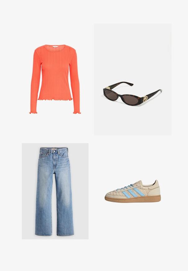 Lühendatud denimpukk kerge sinise värviga. Omab klassikalist kraed, nööbitavat eesmist osa, kahte rinna taskut ja kulunud serva. Valmistatud pehmest puuvillast.; Korallivärvi pika varrukaga topp ribbekandiga tekstuuriga. Omab ümmargust kaelust ning volangiliste servadega mansetid ja äär. Kerge kangas.; Heledad sinine teksariidest laiad püksid, kõrge vöökoht, pleekinud alad, viis taskut ja kontrastne õmblus. Klassikaline nööp ja tõmblukk.; Beežid tossud, millel on tekstuurne kudumine, helesinised triibud ja pruun kummitald. Omab ümmargusi paelu ja logo detaili küljel.; Kilpkonnakilbi stiilis prillid piklik-ovaalsete läätsede, pruunika tooniga, kuldsete logo aktsentidega templitel ja elegantsed mustad varred.