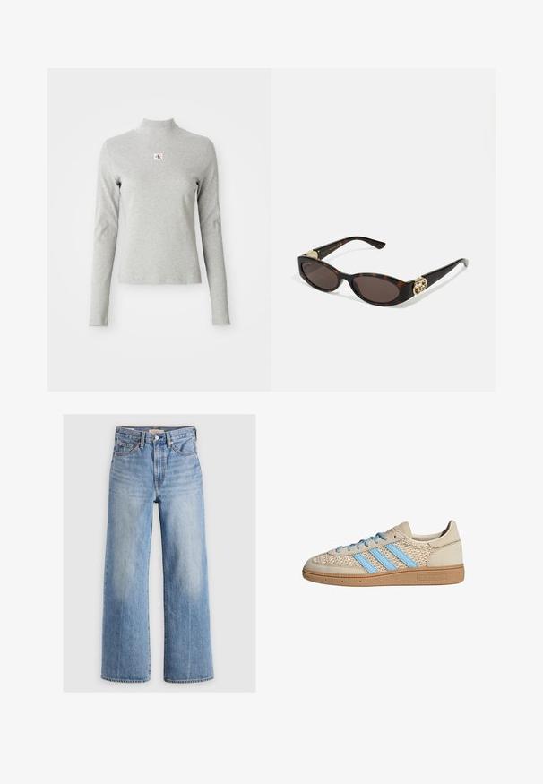 Kuttet denimjakke i lys blå. Har klassisk krage, knappet front, to brystlommer og frynset nederkant. Laget av myk bomull.; Grå langermet genser med høy hals i myk stoff, med ribbestruktur og en liten CK-logo i en hvit firkant på brystet.; Lys blå denim vidbenede jeans med høj talje, falmede områder, fem lommer og kontraststikning. Klassisk knap- og lynlåslukning.; Beige sneakers med teksturert strikket overdel, lyseblå striper og brun gummisåle. Har runde snører og logo detalj på siden.; Skilpadde-solbriller med avlange ovale linser, brun tint, gull-logo aksenter på stengene og elegante svarte armer.