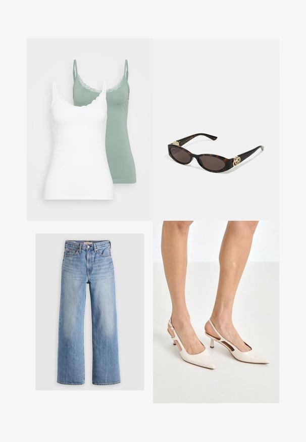 Jaqueta de ganga curta em azul claro. Apresenta um colarinho clássico, fecho à frente com botões, dois bolsos no peito e uma bainha desfiada. Feita de algodão suave.; Dois tops de alças: um branco e outro verde sálvia. Ambos apresentam um decote com acabamento em renda e alças finas ajustáveis. Tecido macio e suave.; Calças de ganga largas de denim azul claro com uma cintura alta, áreas desbotadas, cinco bolsos e costura em contraste. Fecho clássico com botão e zíper.; Saltos slingback de verniz bege com bico fino e salto de 5 cm, apresentando lados recortados e uma tira fina no tornozelo.; Óculos de sol de tartaruga com lentes ovais alongadas, tom castanho, acentos de logotipo dourado nas hastes e hastes pretas elegantes.