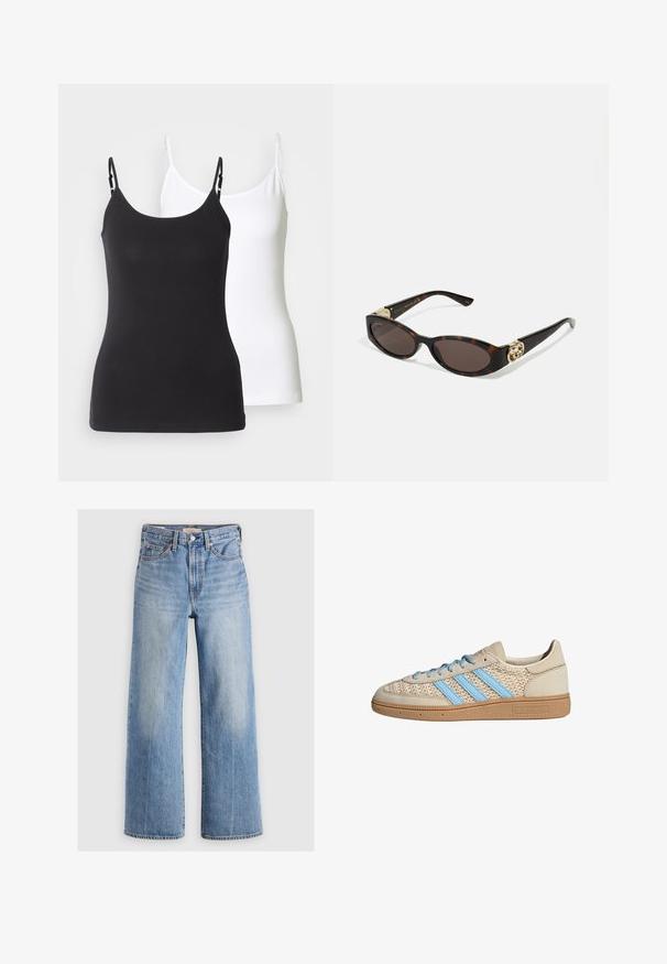 Cropped denim jacket in light blue. Features a classic collar, buttoned front, two chest pockets, and frayed hem. Made of soft cotton.; Black and white cotton camisoles with adjustable thin straps, featuring a fitted design and smooth texture.; Light blue denim wide-leg jeans with a high waist, faded areas, five pockets, and contrast stitching. Classic button and zipper closure.; Beige sneaker with a textured knit upper, light blue stripes, and brown rubber sole. Features round laces and logo detail on the side.; Tortoiseshell sunglasses with elongated oval lenses, brown tint, gold logo accents on temples, and sleek black arms.