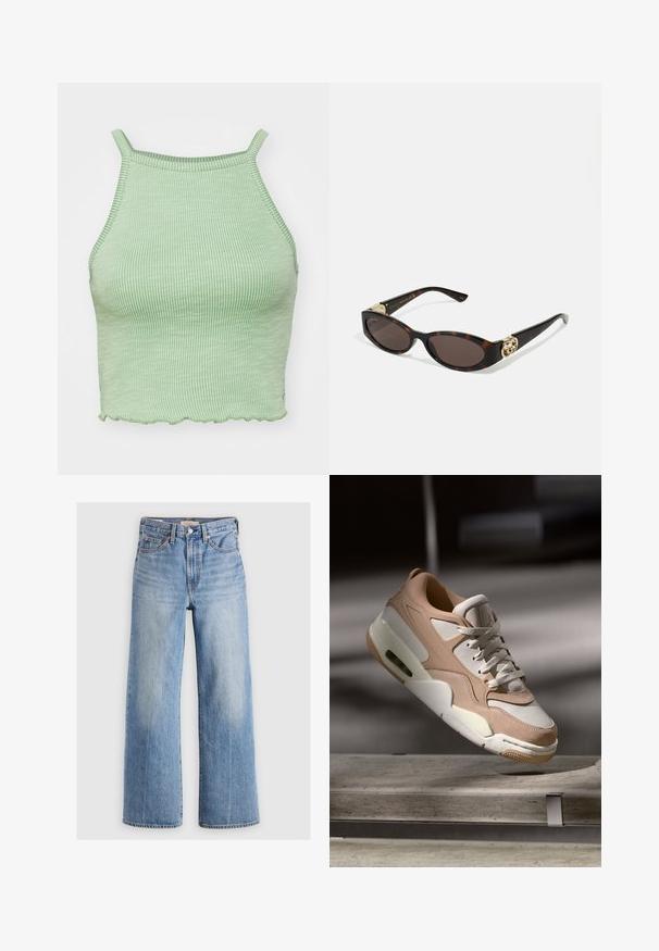 Krótkowana kurtka dżinsowa w jasnoniebieskim kolorze. Posiada klasyczny kołnierzyk, zapinanie na guziki, dwie kieszenie na piersi oraz postrzępiony dół. Wykonana z miękkiej bawełny.; Zielony prążkowany crop top z cienkimi ramiączkami, z falbaniastym dołem i teksturowanym materiałem. Brak wyraźnych ozdób lub wzorów.; Jasnoniebieskie dżinsowe spodnie o szerokich nogawkach z wysokim stanem, wyblakłe miejsca, pięć kieszeni oraz kontrastowe przeszycia. Klasyczne zapięcie na guzik i zamek błyskawiczny.; Beżowe i białe trampki z gładkiej skóry i zamszu, z wyściełanym językiem, sznurówką z przodu oraz widoczną jednostką poduszki powietrznej.; Słoneczne okulary w kolorze żółwi z wydłużonymi owalnymi soczewkami, brązowym odcieniem, złotymi akcentami logo na zausznikach oraz smukłymi czarnymi ramionami.