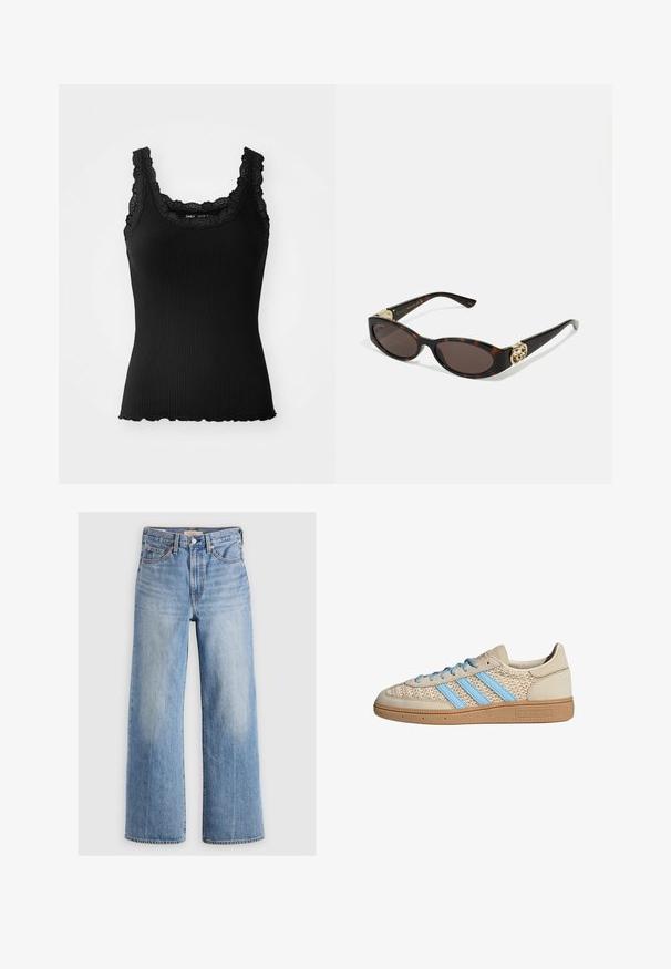 Lühendatud denimpukk kerge sinise värviga. Omab klassikalist kraed, nööbitavat eesmist osa, kahte rinna taskut ja kulunud serva. Valmistatud pehmest puuvillast.; Must mustriba tank top pitsiga pitsilõikega kaeluses ja õlgadel, millel on laineline serv ja keha poolselt vormiv disain, valmistatud venivast kangast.; Heledad sinine teksariidest laiad püksid, kõrge vöökoht, pleekinud alad, viis taskut ja kontrastne õmblus. Klassikaline nööp ja tõmblukk.; Beežid tossud, millel on tekstuurne kudumine, helesinised triibud ja pruun kummitald. Omab ümmargusi paelu ja logo detaili küljel.; Kilpkonnakilbi stiilis prillid piklik-ovaalsete läätsede, pruunika tooniga, kuldsete logo aktsentidega templitel ja elegantsed mustad varred.