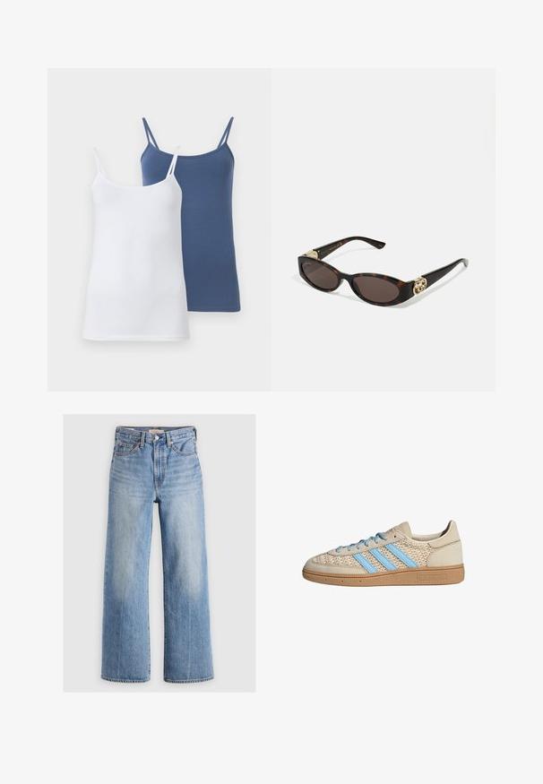 Zkrátená džínsová bunda vo svetlom modrom odtieni. Obsahuje klasický golier, zapínanie na gombíky, dve náprsné vrecká a rozstrapkaný lem. Vyrobená z mäkkého bavlneného materiálu.; Dve tielka, jedno biele a jedno modré, s tenkými špagetovými ramienkami, priliehavým strihom a hladkým materiálom z bavlny.; Svetlomodré rifľové nohavice s voľným strihom a vysokým pásom, so zafarbenými obdobiami, piatimi vreckami a kontrastným švom. Klasické zapínanie na gombík a zips.; Béžové tenisky s textúrovaným pleteným zvrškom, svetlomodrými pruhmi a hnedou gumovou podrážkou. Obsahuje okrúhle šnúrky a detail loga na boku.; Slnkové okuliare v korytnačkovom dizajne s predĺženými oválnymi šošovkami, hnedým tónovaním, zlatými logovými akcentmi na spánkoch a elegantnými čiernymi ramenami.