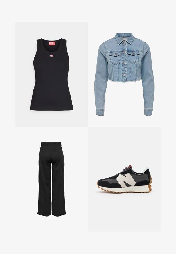 Jachetă din denim, tăiată, de culoare bleu deschis. Are un guler clasic, închidere cu nasturi, două buzunare pe piept și marginile desfăcute. Fabriată din bumbac moale.; Top negru din bumbac, cu decolteu rotund, având un logo mic roșu pe piept și un design ajustat.; Pantaloni negri, cu croi larg și talie elastică, realizați dintr-un material neted. Au un design simplu, fără buzunare sau detalii de cusătură vizibile.; Adidași din suede negru și gri cu un mare logo "N" de culoare crem, sireturi purpurii și o talpă din cauciuc texturat de culoare gumă.