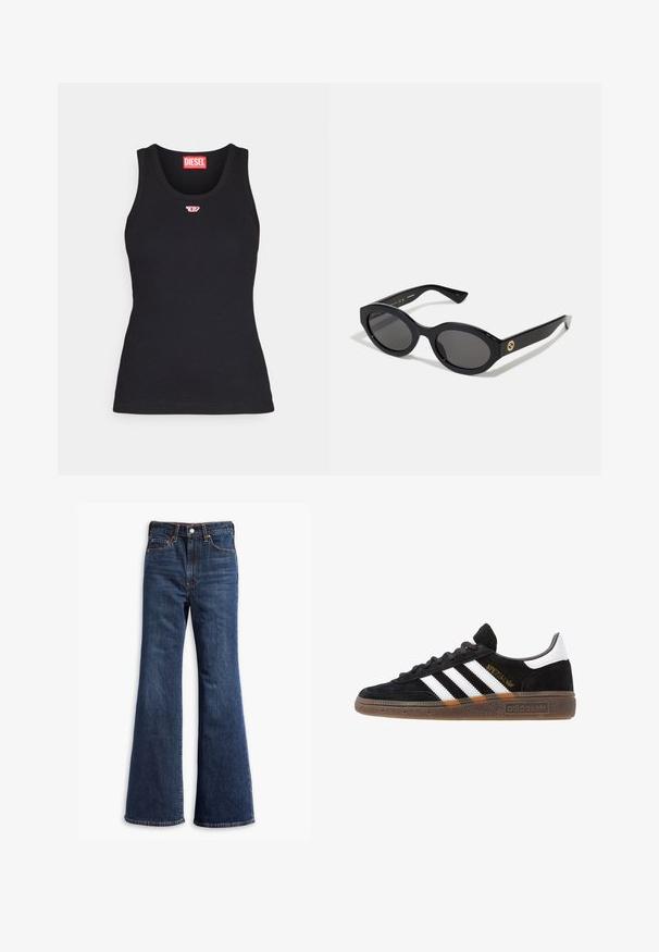 Kort denim jack in lichtblauw. Beschikt over een klassieke kraag, knopenlijst aan de voorkant, twee borstzakken en een rafelige zoom. Gemaakt van zachte katoen.; Zwart tanktop van katoen met een ronde halslijn, voorzien van een klein rood logo op de borst en een aansluitend ontwerp.; Hogegarende donkerblauwe denim jeans met flared pijpen, sluiting met een knoop en rits aan de voorkant, en ontwerp met vijf zakken.; Zwarte Adidas sneaker met witte strepen, gouden "Spezial" tekst, gumzool en witte hieltab, weergegeven in zijaanzicht.; Zwarte ovale zonnebril met donkere glazen en een glanzend kunststof frame. Heeft een gouden logo op de poot, dat een strakke en moderne uitstraling biedt.