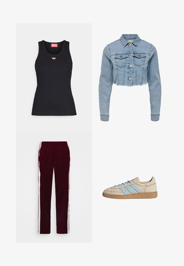 Cropped denim jacket in light blue. Features a classic collar, buttoned front, two chest pockets, and frayed hem. Made of soft cotton.; Black tank top made of cotton with a rounded neckline, featuring a small red logo on the chest and a fitted design.; Burgundy athletic pants with a drawstring waist, white side stripes, and a slim fit. Made from a smooth, lightweight fabric.; Beige sneaker with a textured knit upper, light blue stripes, and brown rubber sole. Features round laces and logo detail on the side.