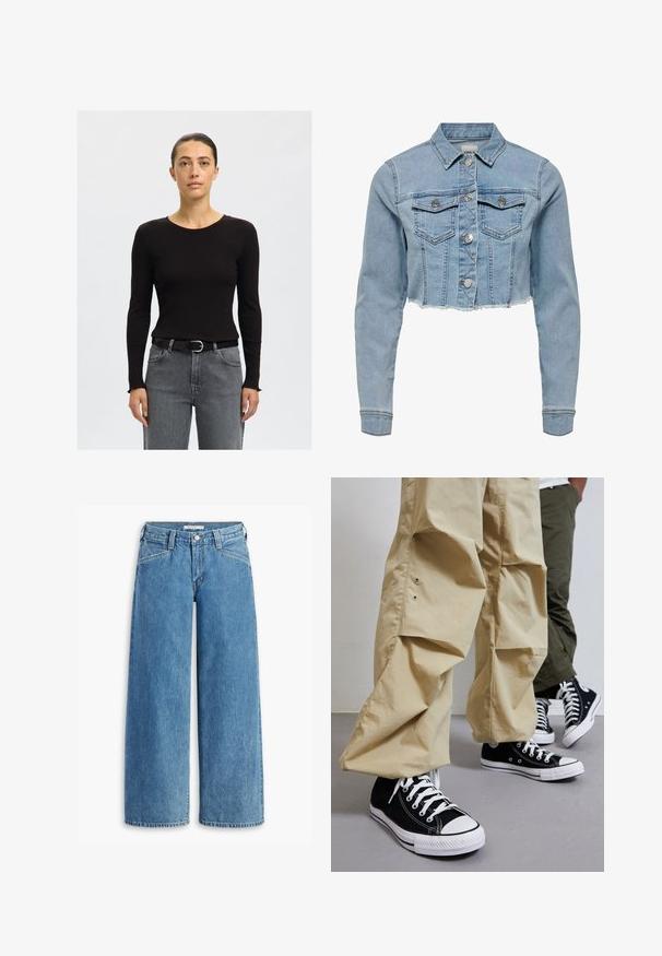 Kuttet denimjakke i lys blå. Har klassisk krage, knappet front, to brystlommer og frynset nederkant. Laget av myk bomull.; Svart ribbestrikket langermet topp med rund hals, kombinert med høytlivde grå denimjeans og et svart belte med sølvspenne.; Lyseblå vide jeans laget av denim, med høy midje, fem lommer, og klassisk knapplukking. Rett snitt fra lår til hem.; Sorte kanvas high-top sneakers med hvite gummisåler, kombinert med lyse beige løse bukser med sidelommer og avslappet passform.