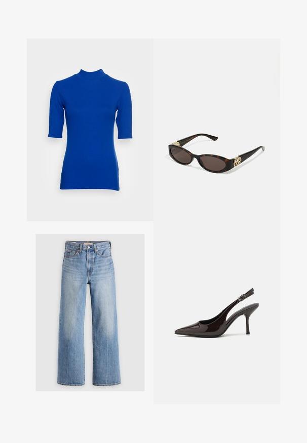 Iedvesmota džinsa jaka gaiši zila krāsā. Tai ir klasiskas formas apkakle, pogu aizdare priekšā, divas krūšu kabatas un plīstošu apdare. Izgatavota no mīkstas kokvilnas.; Sievietes augsta kakla šaura krekliņa ar īsām piedurknēm zilā krāsā, izgatavots no ribota auduma. Tam ir augsts dekoltē un smalkas sānu slits.; Gaiši zili denima plati kāju džinsi ar augstu jostasvietu, izbalējušām vietām, piecām kabatām un kontrastējošiem šuvumiem. Klasiska pogas un rāvējslēdzēja aizdare.; Slingback augstpapēžu kurpe ar spīdīgu tumši brūnu lakotu ādu, ar norādītu purngalu, atvērtām pusēm un regulējamu potītes siksniņu.; Tīģerbrūnā sauļošanās brillēm ar izstieptām ovālām lēcām, brūnu tonējumu, zeltītiem logotipa akcentiem uz tempļiem un plānām melnām kājām.