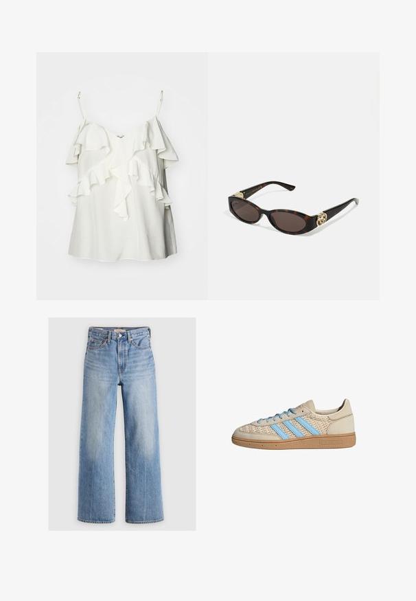 Chaqueta de mezclilla recortada en azul claro. Presenta un cuello clásico, frente abotonado, dos bolsillos en el pecho y dobladillo deshilachado. Fabricada en suave algodón.; Top sin mangas blanco hecho de una tela ligera, con volantes en capas en la parte delantera y tirantes ajustables para mayor comodidad y ajuste.; Pantalones vaqueros de mezclilla de corte ancho en azul claro, con cintura alta, zonas desteñidas, cinco bolsillos y costuras en contraste. Cierre clásico con botón y cremallera.; Zapatilla beige con parte superior de punto texturizado, rayas azul claro y suela de goma marrón. Presenta cordones redondos y detalle de logo en el lateral.; Gafas de sol carey con lentes ovalados alargados, tintado marrón, acentos de logo dorado en las patillas y brazos negros elegantes.